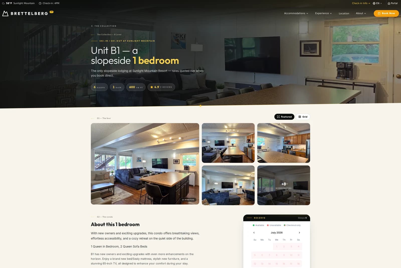 Unit B1 detail with photo gallery and reserve calendar